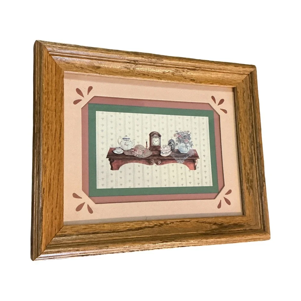 Vintage Oak Framed Still Life Art Print Teapot Clock Floral Cottagecore 9.5x7.5